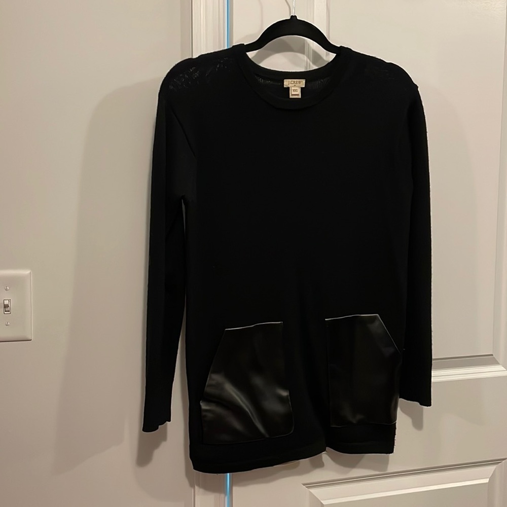 Black j crew sweater with leather front pockets. Size XXS